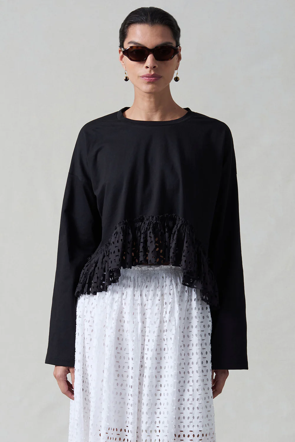 Laser Cut High Low Long Sleeve Tee Black