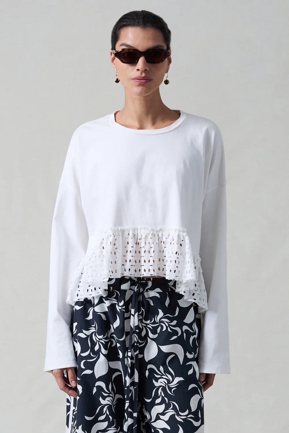 Laser Cut High Low Long Sleeve Tee White